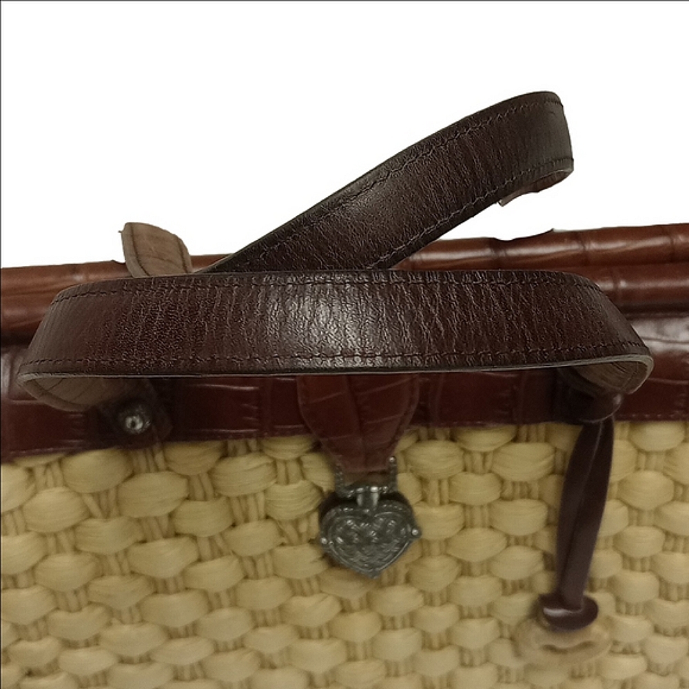 BRIGHTON "EVA DELIGHT" WICKER STRAW SUMMER HANDBAG WITH BROWN LEATHER ACCENTS - Picture 9 of 16